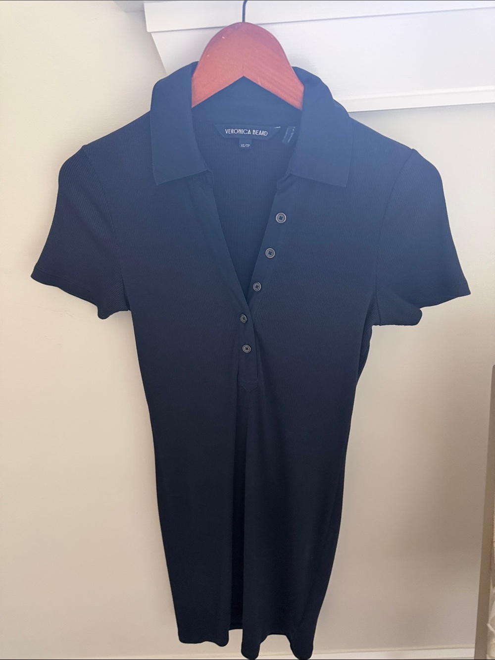 Veronica Beard Black Ribbed Short-Sleeve Polo Mini Dress